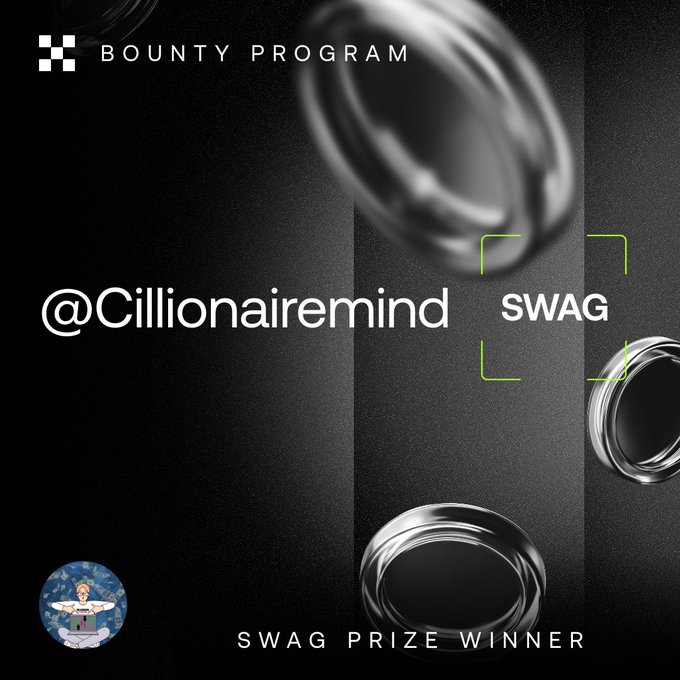 A sleek promotional graphic announces "@Cillionairemind" as a "SWAG PRIZE WINNER" of the "BOUNTY PROGRAM," featuring metallic ring imagery on a dark background with green targeting brackets around the word "SWAG." The image celebrates the user's recognition in the OKX Creator Bounty Program as referenced in the post.