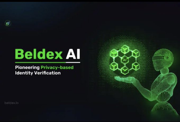 A promotional graphic for Beldex AI featuring the tagline 'Pioneering Privacy-based Identity Verification' alongside a green wireframe figure holding a holographic hexagonal AI emblem, with beldex.io in the corner.