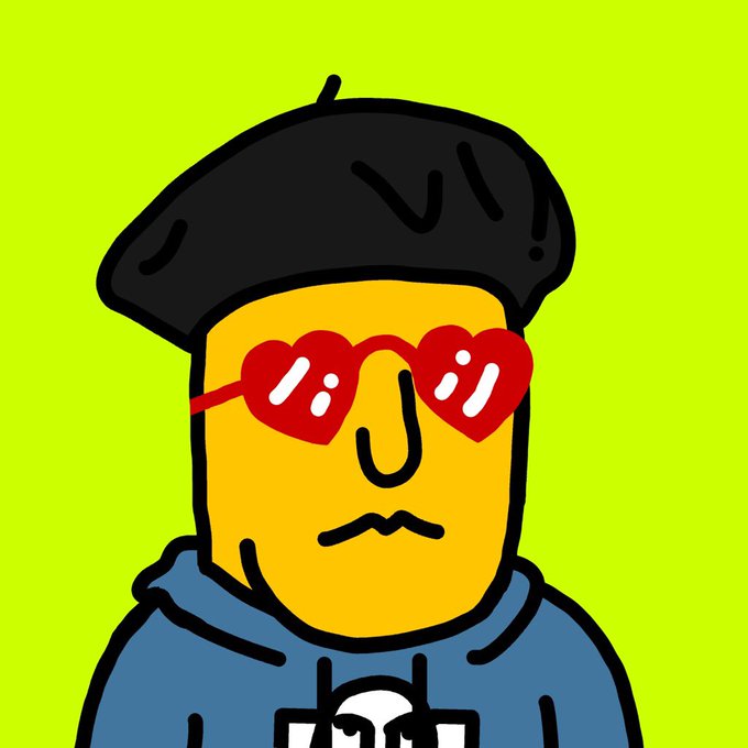 A cartoon illustration of a yellow-faced character wearing a black beret, a blue hoodie, and heart-shaped red sunglasses against a bright green background.