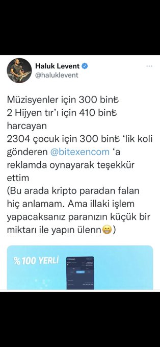 A tweet from Haluk Levent (@haluklevent) details donations sent to musicians, 2 Hygiene, and a 2024 'çocuk' campaign via @bitexencom, noting that 'Bu arada kripto paradan falan hiç anlamam' with a 100% LOCAL exchange logo.