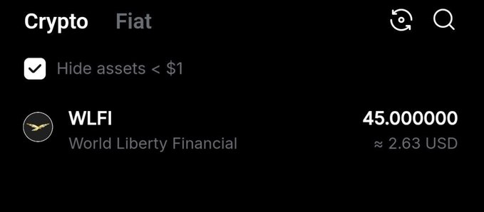 A screenshot of a crypto wallet interface showing 'WLFI World Liberty Financial' with a balance of 45.000000, approximately 2.63 USD.