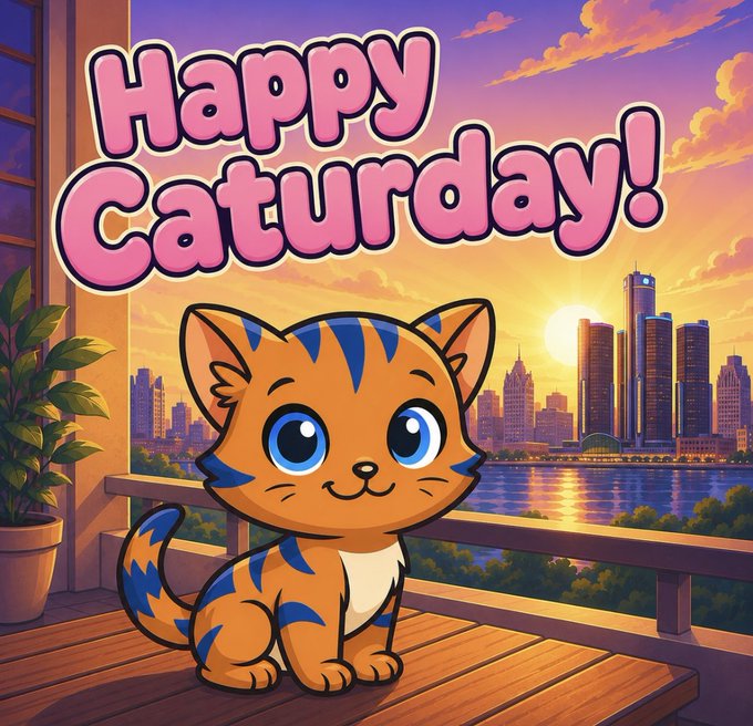 Cute cartoon cat illustration on a balcony with a city sunset background, overlaid with 'Happy Caturday!' text.
