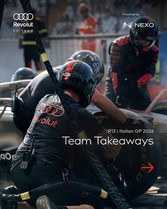 A pit crew member in Audi Revolut F1 Team gear performs a tire change during the R13 Italian GP 2026 at Monza, as highlighted in the "Team Takeaways" graphic presented by Nexo.