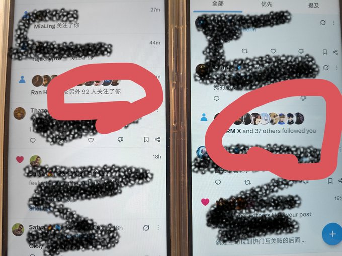 Two side-by-side screenshots of a phone show social media notifications in Chinese and English, with red circles highlighting follow notifications: "92人关注了你" (92 people followed you) on the left and "RM X and 37 others followed you" on the right. The image illustrates the user's claim that even with a Chinese system language, Twitter displays notifications in English, suggesting the account is being pushed to a foreign audience.