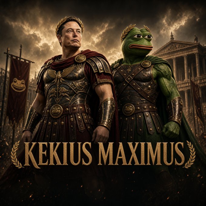 A movie-poster style digital artwork titled 'KEKIUS MAXIMUS' depicting Elon Musk and Pepe the Frog dressed as Roman centurions with a laurel-wreathed Elon wearing a red cape.