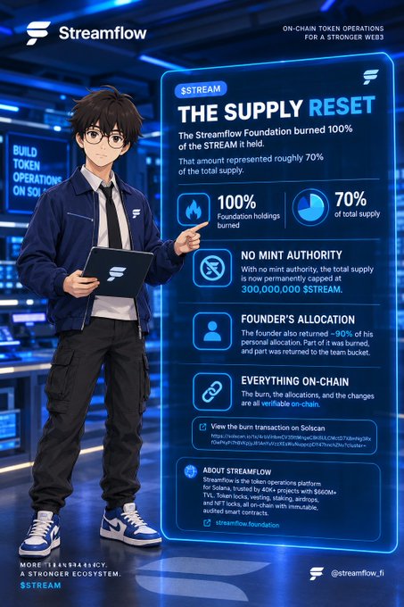 A promotional graphic for 'Streamflow' ($STREAM) announces 'The Supply Reset,' detailing that 100% of foundation tokens were burned, reducing total supply by 70%, with details on founder allocations and on-chain verification.