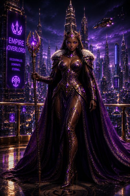 A digital illustration of a regal queen in an ornate purple and gold gown with a crown, holding a staff, stands before a futuristic cityscape. A holographic sign reads 'EMPIRE OVERLORD' with the words 'DECENTRALIZE DOMINATE ETERNAL' below it.