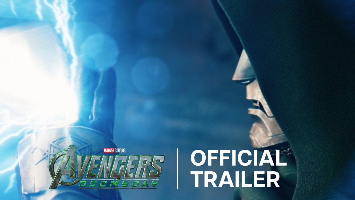 A hooded figure with his hand raised emits a bright burst of blue lightning, alongside the "Avengers: Doomsday" logo and "Official Trailer" text, promoting Marvel Studios' first full trailer for the highly anticipated December 18 film release.