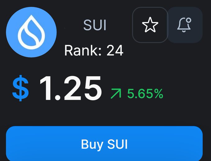 A cryptocurrency tracking screen for SUI, showing a rank of 24, a price of $1.25, and a 5.65% increase, with a blue 'Buy SUI' button at the bottom.