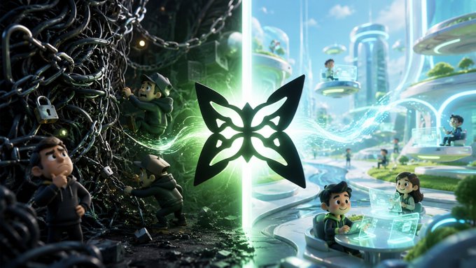 A stylized butterfly logo divides two contrasting worlds: a dark, chain-laden landscape where grim cartoon figures struggle to break free, and a bright, futuristic utopia where people relax in floating pods and holographic environments. The visual contrasts the hidden barriers users face with the aspirational future Quip Network's technology aims to deliver, illustrating how overlooked obstacles often stand between people and a seamless decentralized experience.