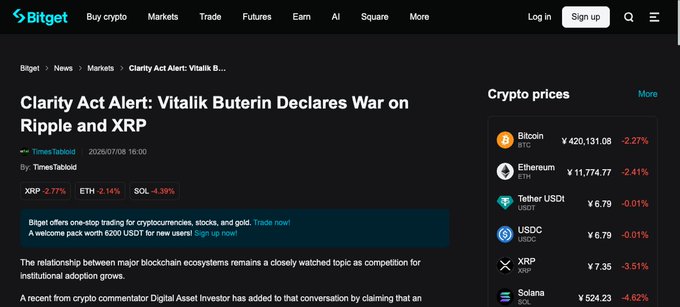 The image shows a Bitget News article titled "Clarity Act Alert: Vitalik Buterin Declares War on Ripple and XRP" (July 8, 2026), with the crypto ticker panel showing XRP down 3.51% at ¥7.35 alongside other coins like BTC (-2.27%), ETH (-2.41%), and SOL (-4.62%).

The article headline and XRP's notable drop visually frame the post's claim of an emerging "crypto civil war," where Ethereum's criticism of XRP's centralization appears to be coinciding with market pressure on the token.