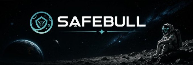 A banner for SAFEBULL cryptocurrency featuring the project name with a bull logo, set against a space-themed background showing an astronaut on a planetary surface.