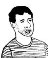 A simple black-and-white cartoon drawing of a smiling man with short dark hair wearing a striped shirt.
