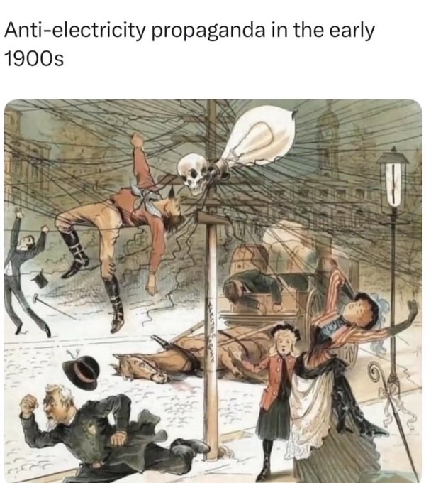 A chaotic early 1900s anti-electricity propaganda illustration depicts the dangers of electrical power lines, showing a man being electrocuted by a pole-mounted light bulb with a skull symbol, tangled wires causing horses to collapse, people being thrown about, and a woman fainting—all exaggerated hazards meant to scare the public away from adopting the new technology. The caption "Anti-electricity propaganda in the early 1900s" highlights the absurdity of fearing innovation, paralleling the post's sentiment that modern fears around crypto and AI are similarly overblown reactions to transformative new technologies whose early mishaps don't define their ultimate value to society.