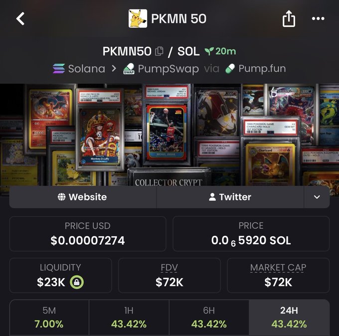 The image shows a DexScreener page for the memecoin "PKMN 50" ($PKMN50) on Solana via PumpSwap/Pump.fun, displaying a price of $0.00007274 (0.0000006920 SOL), with $23K liquidity and a $72K market cap. It relates to the post by showcasing the token's live trading metrics that "Dex paid" players would use to track their investment after participating in the gacha giveaway.
