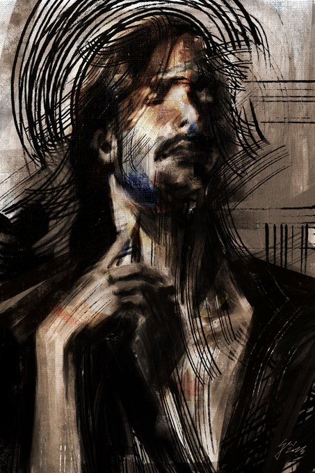 A dark, expressive painting of a nude figure with abstract, scribbled lines and muted colors on a textured background.