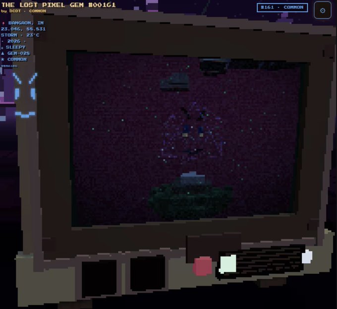 A pixel art scene displayed on an old television, titled 'THE LOST PIXEL GEM #001G1' with location details 'BRAGAON, IN', date '23.046, 56.831', and weather 'STORM = 23°C'.