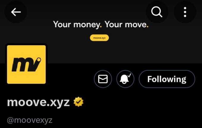 A Twitter/X profile for moove.xyz (@moovexyz) with the tagline 'Your money. Your move.' and a yellow logo featuring an 'mv' with a location pin.