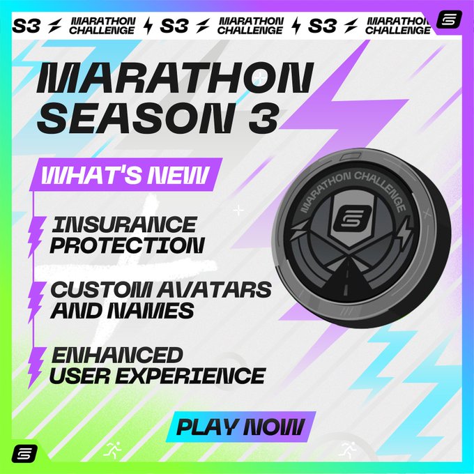 The image is a vibrant promotional graphic for "Marathon Season 3," featuring a stylized coin medallion on the right and a "What's New" list highlighting three key updates: Insurance Protection, Custom Avatars and Names, and Enhanced User Experience, with a "Play Now" call-to-action button at the bottom. The bold purple, black, and white design with lightning bolt accents reinforces the energetic, fitness-focused theme of the marathon challenge, complementing the post's message about improvements to the overall Marathon experience.