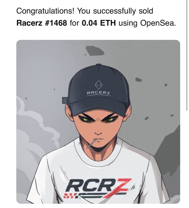 An OpenSea notification confirms the successful sale of Racerz #1468 for 0.04 ETH, featuring an anime-style character in a dark 'RACERZ' cap and white 'RCRZ' t-shirt.
