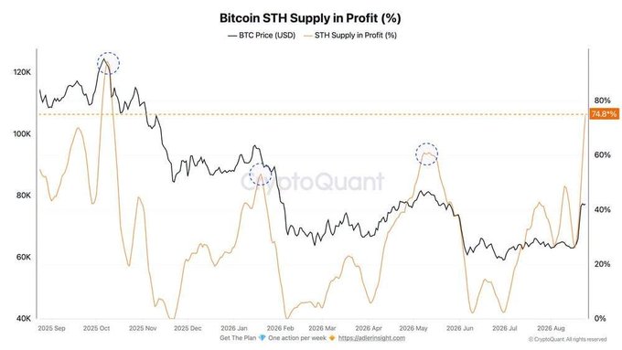 A CryptoQuant chart titled "Bitcoin STH Supply in Profit (%)" showing BTC Price (USD) and STH Supply in Profit (%) trends from September 2025 to August 2026.