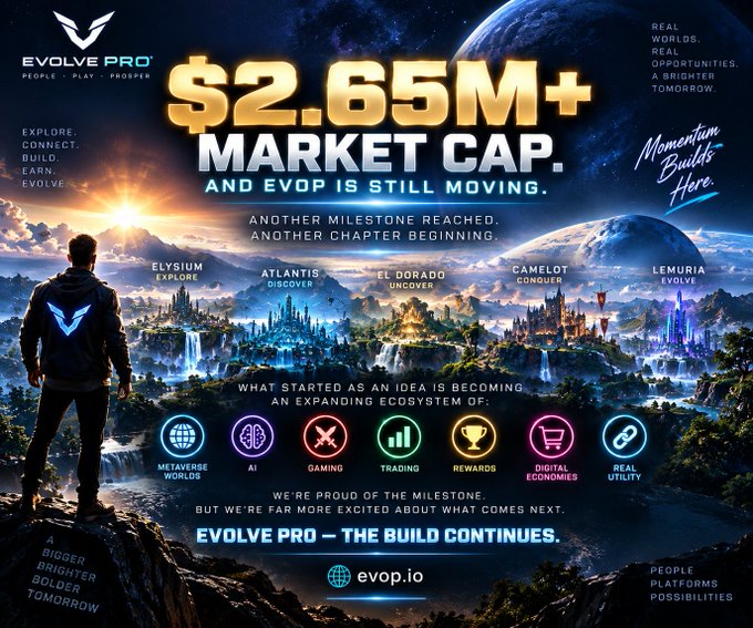 A promotional graphic for EVOLVE PRO celebrating a '$2.65M+ MARKET CAP' milestone, featuring futuristic floating cities labeled Elysium, Atlantis, El Dorado, Camelot, and Lemuria, with icons for metaverse worlds, AI, gaming, trading, rewards, digital economies, and real utility.