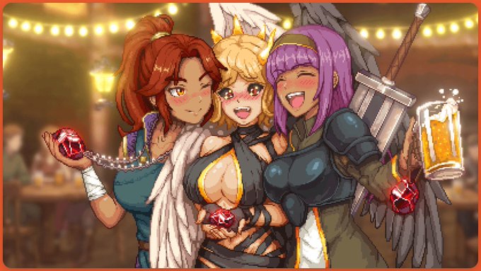 Anime-style illustration showing three female characters in fantasy/medieval attire smiling and posing with red gems and a stein of beer in a warmly lit tavern setting.