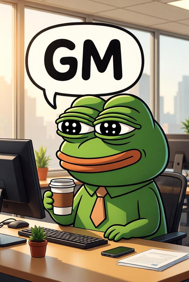 The image features a cartoon frog sitting at an office desk, holding a cup of coffee and wearing a tie. The frog has a speech bubble above its head that says "GM", indicating that it might be reporting for duty or discussing something related to GM.