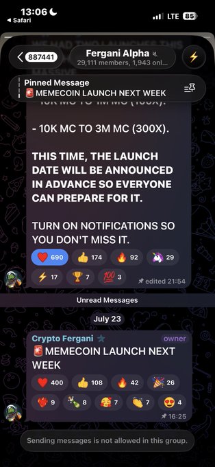 A Telegram group screenshot from 'Fergani Alpha' announcing a 'MEMECOIN LAUNCH NEXT WEEK' with prize increase from 10K to 3M.