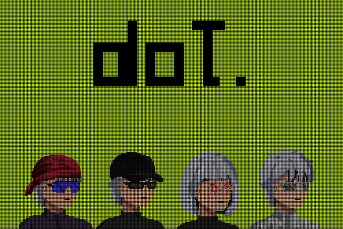 A pixel art image on a green background shows four stylized characters wearing hats and glasses, with the text "doT." displayed prominently above them. The image relates to the announcement promoting the "dot." NFT mint, with a supply of 1,508 at 0.000848 ETH, linking the visual branding to the collection's launch details.