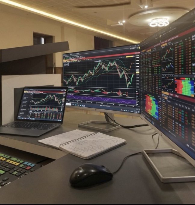 A multi-monitor trading workstation featuring a laptop and large displays showing stock/crypto charts and tickers, with a notebook, mouse, and keyboard on the desk.