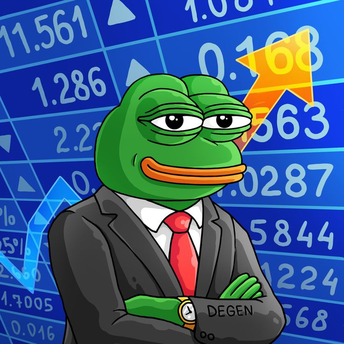 A green frog figure dressed as a businessman, wearing a suit with a tie, stands confidently with its arms crossed against a blue background displaying stock market prices. The caption of the image reads "Most are panicking at $1790 ETH... But vibing is the better mindset Signal over noise. Locked in together. This is the last shakeout before we run."