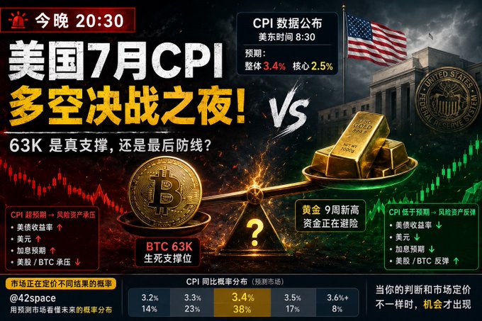 A dramatic promotional graphic for tonight's U.S. July CPI release at 8:30 PM, predicting headline 3.4% and core 2.5%, depicting Bitcoin weighing against gold on a scale near the critical $63K support level with a U.S. flag backdrop, alongside market probability distributions showing 3.4% CPI as the consensus expectation at 38%.