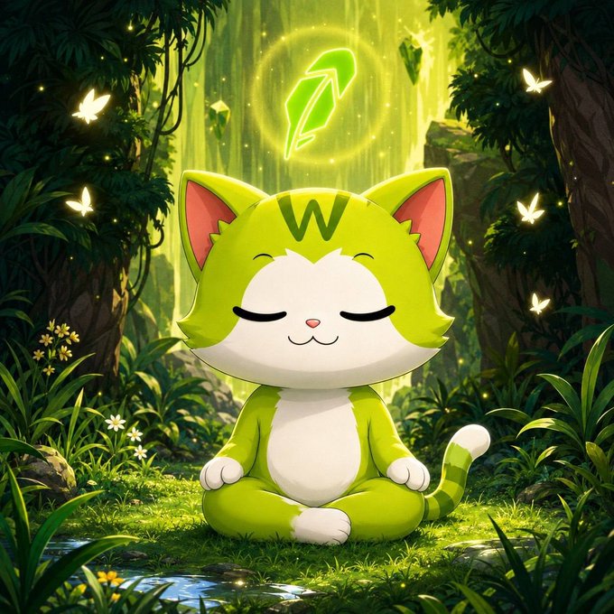 An animated illustration features a cute green and white cat with a 'W' on its forehead sitting cross-legged in a meditative pose in a glowing forest, with a feather symbol hovering above it.