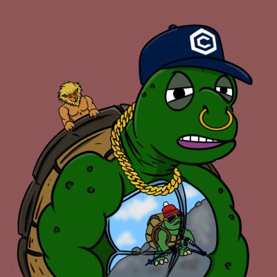 A cartoon illustration of a green turtle character wearing a blue baseball cap and gold chain, with a small turtle in a bandana riding on its back.
