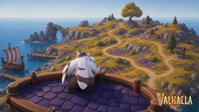 A small Viking-like creature wearing a horned helmet sits on a circular wooden platform, overlooking a vibrant island with purple flowers, winding dirt paths, a docked longship, and rocky cliffs above the sea. The game title "VALHALLA" appears in the bottom right corner, with the post describing the character "Bigghaer" as being built for the tunnels, always alert and listening.