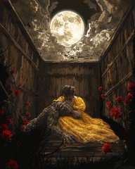 A dark, atmospheric artwork depicts a figure in a yellow dress sitting on stairs beneath a large full moon, with red flowers scattered around.