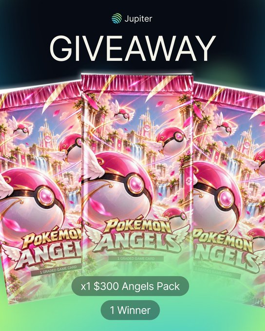 A promotional graphic for Jupiter's "GIVEAWAY" of a $300 Pokémon Angels Pack, featuring three booster packs with cherub-style Poké Balls and winged "Pokémon Angels" branding. The image aligns with the post's details, highlighting "x1 $300 Angels Pack" for "1 Winner."