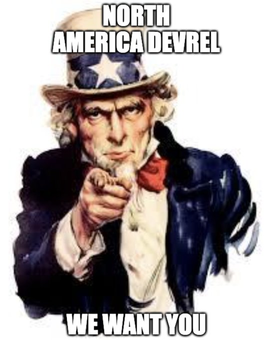 This meme features Uncle Sam pointing with the text "NORTH AMERICA DEVREL WE WANT YOU," directly relating to the post's message that "We're hiring" for developer relations in North America.