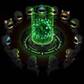 A dark scene shows a glowing green cylindrical structure surrounded by small figures in a circular arrangement.
