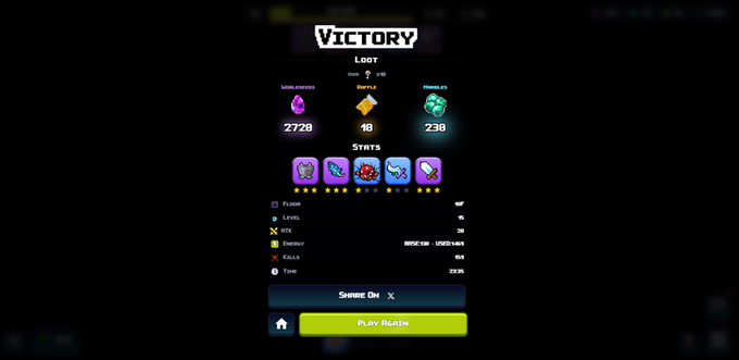 A video game victory screen showing loot including Soul Essence (2720), Refill (10), and Trinkets (230), along with stats like Level 15, Attack 38, Energy 880/1449, Kills 49, and a 'Play Again' button.