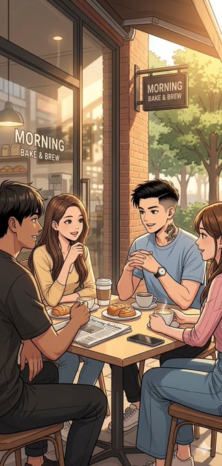 The image depicts four people sitting at a table outside a coffee shop or cafe during the morning hours. They are enjoying their time together while eating breakfast and drinking coffee. The scene also includes a sign that reads "Good Morning CT!". This suggests that the group is gathered in a location where they can enjoy their meal, drinks, and conversation in a pleasant atmosphere.