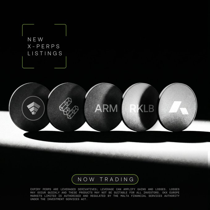 A dark promotional graphic titled 'NEW X-PERPS LISTINGS' displaying five metallic coins with logos for FTX, MATIC, ARM, RKLB, and AVAX, marked 'NOW TRADING' at the bottom.
