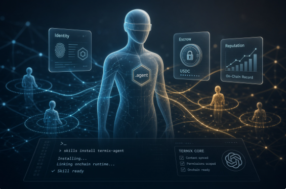 A digital illustration shows a transparent human figure surrounded by holographic panels labeled "Identity," "Escrow USDC," and "Reputation On-Chain Record," with terminal text "skills install termix-agent" and "TERMIX CORE" visible below.