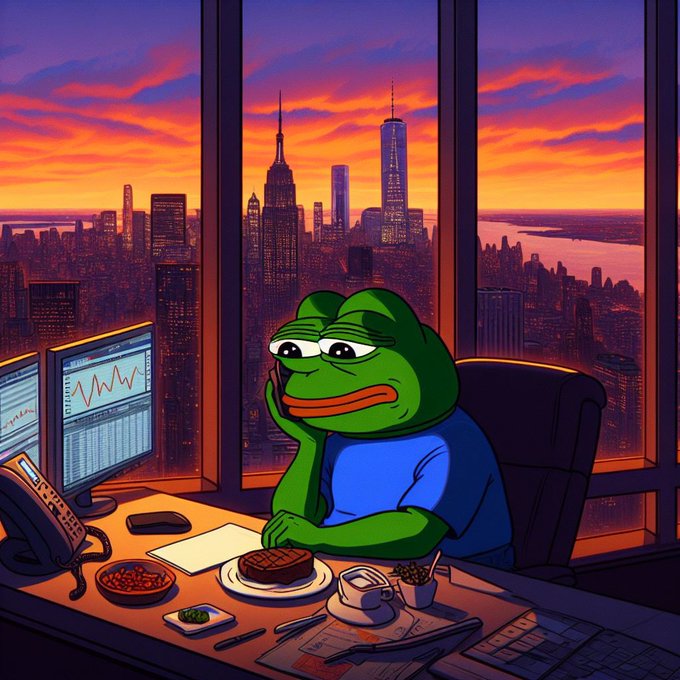 A weary Pepe the Frog sits at his desk with a sinking expression, staring at stock charts showing a sharply declining red line, while a steak dinner remains untouched beside him—all set against a dramatic sunset over the New York City skyline, perfectly capturing the mood of a canceled bull market.