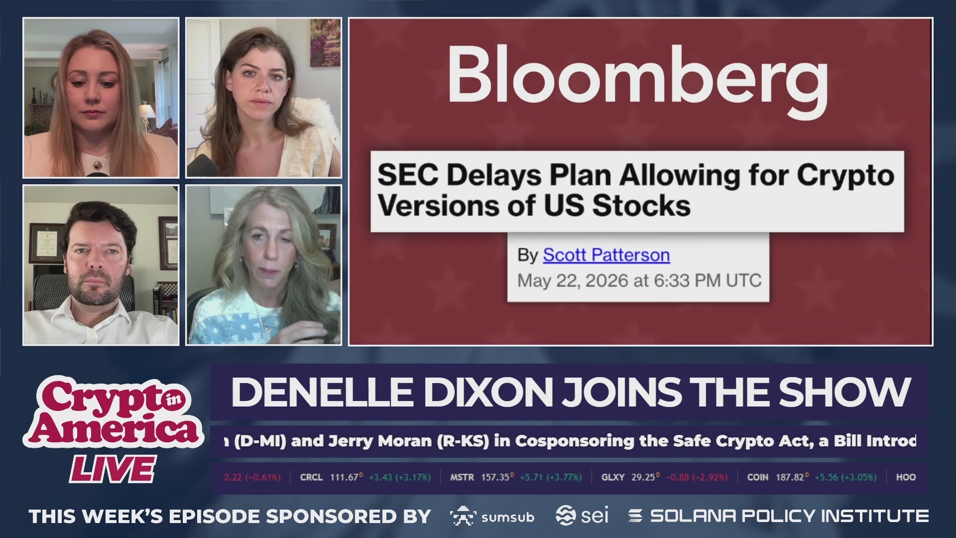 The image features a poster for a show called "Crypto America Live" that has been posted online by the Trading News International (TNI). The poster includes a photo of a woman, a man, and another woman sitting behind a computer screen with text on the poster about Bitcoin and SEC delays. The poster also mentions that the show is sponsored by Solarana Policy Institute and the Trading News International.
