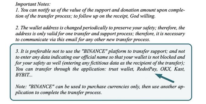A snippet of text titled "Important Notes" providing instructions for cryptocurrency transfers, explicitly advising against using "BINANCE" and suggesting apps like "trust wallet, RedotPay, OKX, Kast, BYBIT," with an arrow pointing to this list.