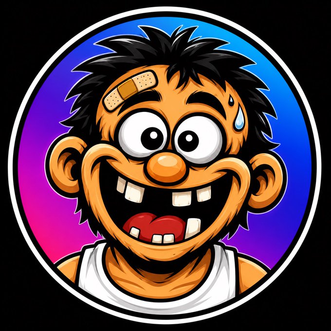 A cartoonish logo depicts a wild-haired, buck-toothed character with a bandage on its forehead and a sweat drop, set against a blue and pink gradient circular background.