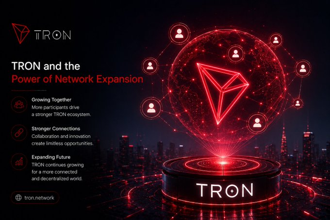 A promotional graphic for TRON featuring a glowing red globe with the TRON logo, set against a city skyline, with text about 'TRON and the Power of Network Expansion' including points on 'Growing Together' and 'Expanding Future', and the website tron.network.