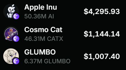 The image displays a portfolio tracker showing three Solana-based meme coin holdings: Apple Inu (50.36M AI) at $4,295.93, Cosmo Cat (46.31M CATX) at $1,144.14, and GLUMBO (6.37M GLUMBO) at $1,007.40, representing the total value of the user's current Sentry token positions.